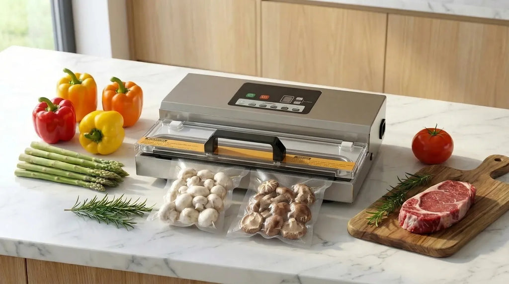 Sous vide machine die verse champignons vacuüm verpakt